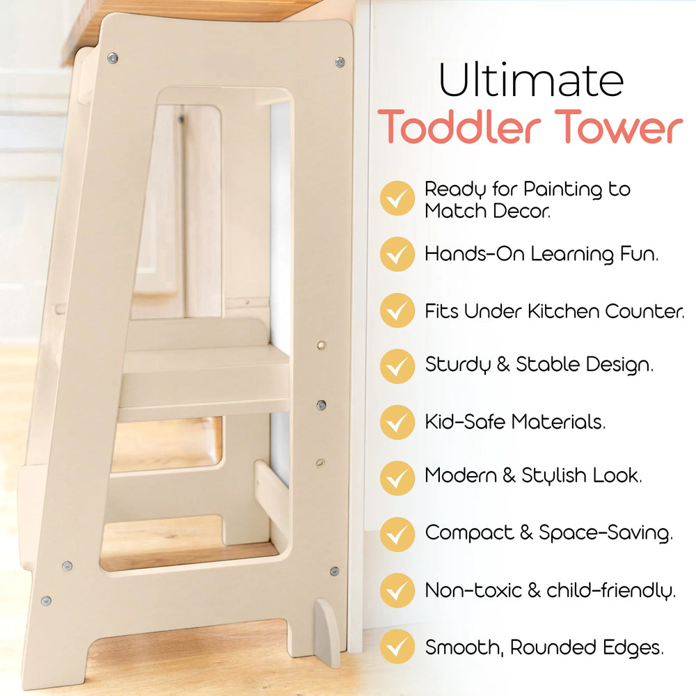 list of benefits of natural wood toddler tower under counter